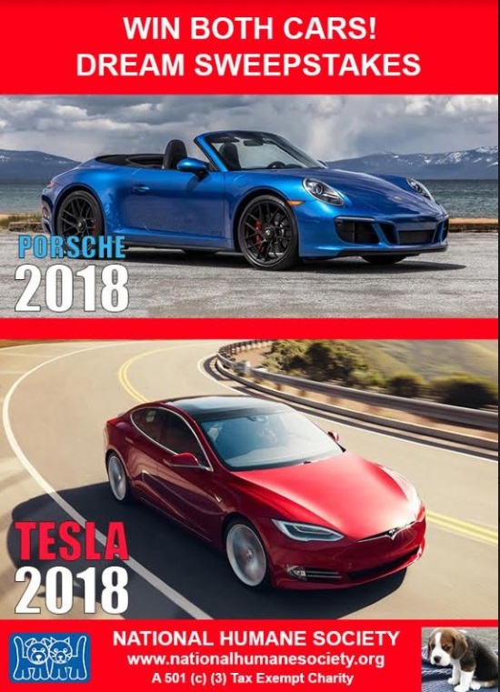 National Humane Society 6-15-2018 drawing - 2018 Porsche 911 and 2018 Tesla - both cars