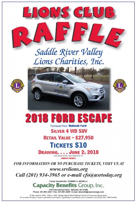 Saddle River Valley Lions Club - 6-02-2018 drawing - 2018 Ford Escape All Wheel Drive Silver SUV - Flyer 