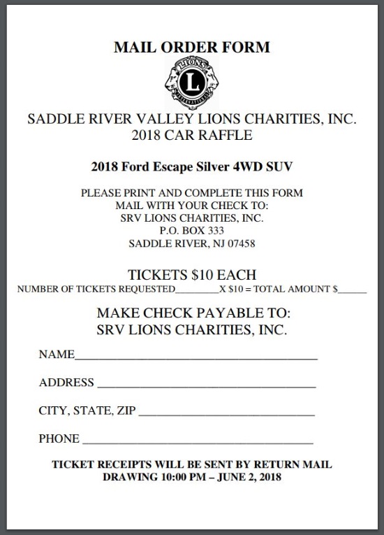 Saddle River Valley Lions Club - 6-02-2018 drawing - 2018 Ford Escape All Wheel Drive Silver SUV - order form 