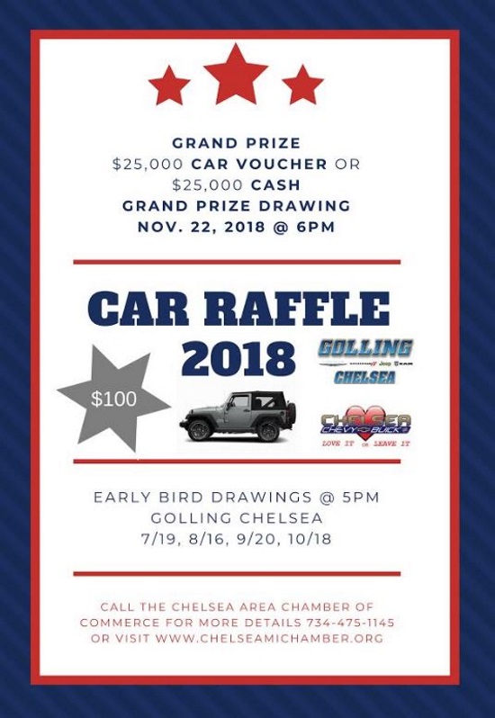 Chelsea Area Chamber of Commerce 11-22-2018 raffle - $25,000 Car Voucher or $25,000 Cash - Flyer 