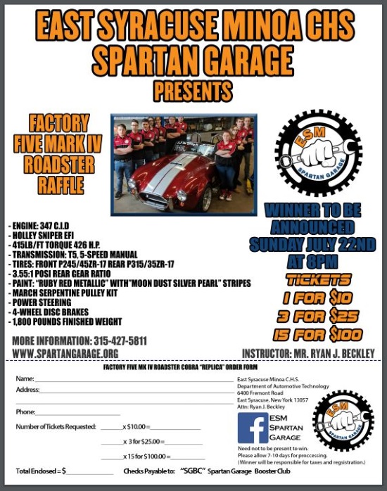 East Syracuse- Minoa C. H. S. Spartan Garage-July 22nd, 2018 raffle - Factory Five Mark IV Roadster - Flyer 