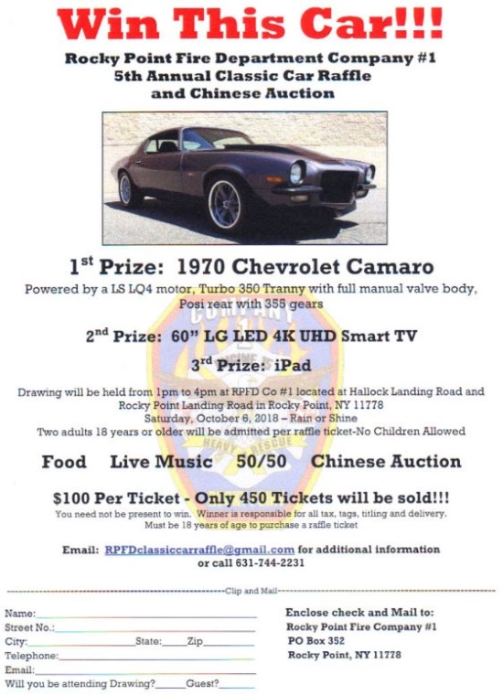 Rocky Point Fire Department 10-06-2018 raffle - 1970 Chevy Camaro - Flyer 