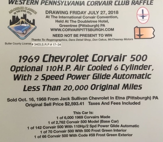 Western PA Corvair Club 7-27-2018 raffle - 1969 Chevy Corvair 500 - Flyer 