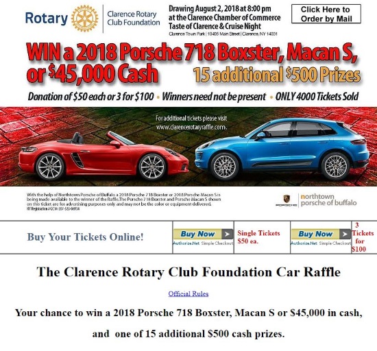 Clarence Rotary Club Foundation 8-02-2018 raffle - 2018 Porsche 718 Boxster, Macan S, or $45,000 Cash - Flyer 