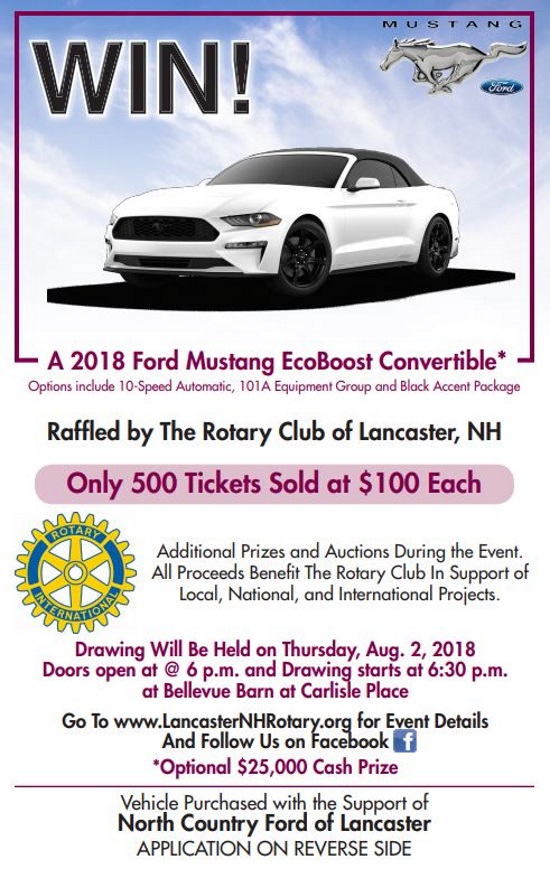 Rotary Club of Lancaster 8-02-2018 raffle - 2018 Ford Mustang EcoBoost Convertible -Flyer