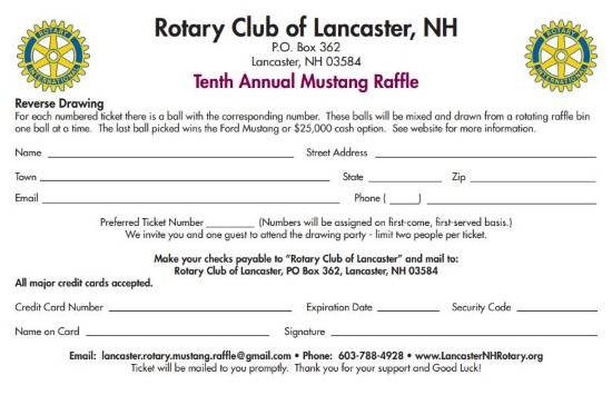 Rotary Club of Lancaster 8-02-2018 raffle - 2018 Ford Mustang EcoBoost Convertible - order form 