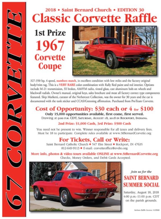 St. Bernard Church 8-18-2018 raffle - 1967 Corvette Coupe - Flyer 