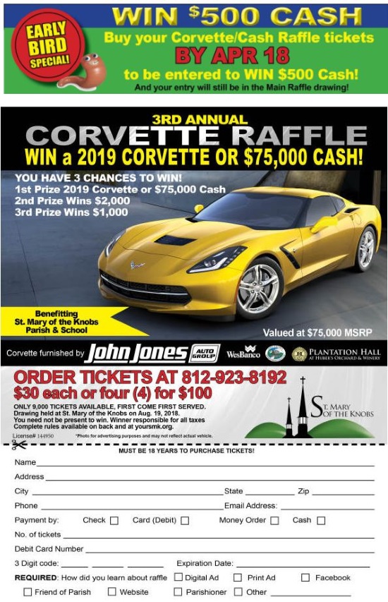 St. Mary of the Knobs Catholic Church 8-19-2018 raffle - 2019 Chevy Corvette or $75,000 Cash - Flyer #2 