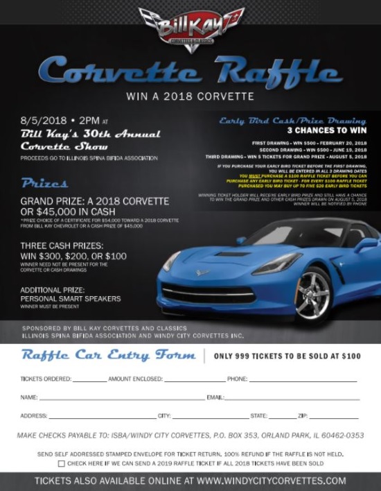 Windy City Corvettes 8-05-2018 raffle - 2018 Chevy Corvette or $45,000 Cash - raffle flyer