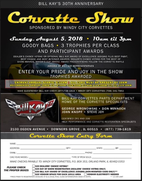 Windy City Corvettes 8-05-2018 raffle - 2018 Chevy Corvette or $45,000 Cash - show flyer 