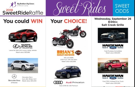 Big Brothers Big Sisters of Mercer County 9-26-2018 raffle - Choose 1 of 5 cars or a pair of Harley’s - Flyer less busy