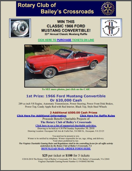 Rotary Club of Bailey’s Crossroads 9-30-2018 raffle - 1966 Ford Mustang Convertible or $20,000 Cash - Flyer 