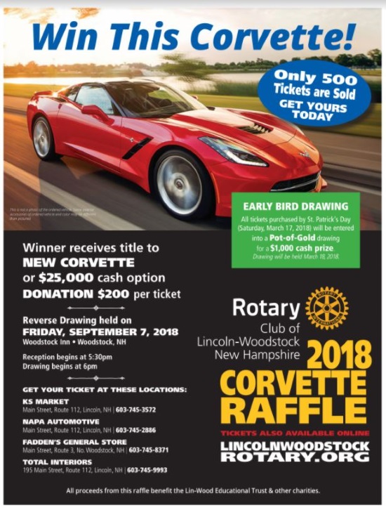 Rotary Club of Lincoln-Woodstock 9-07-2018 raffle - 2018 Chevy Corvette Coupe or $25,000 Cash - Flyer 