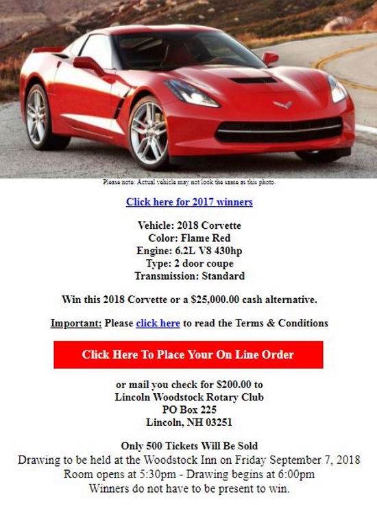 Rotary Club of Lincoln-Woodstock 9-07-2018 raffle - 2018 Chevy Corvette Coupe or $25,000 Cash - Poster 