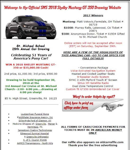 St. Michael School 9-30-2018 raffle - 2018 SHELBY MUSTANG GT-350 or $35,000.00 Cash - Flyer 