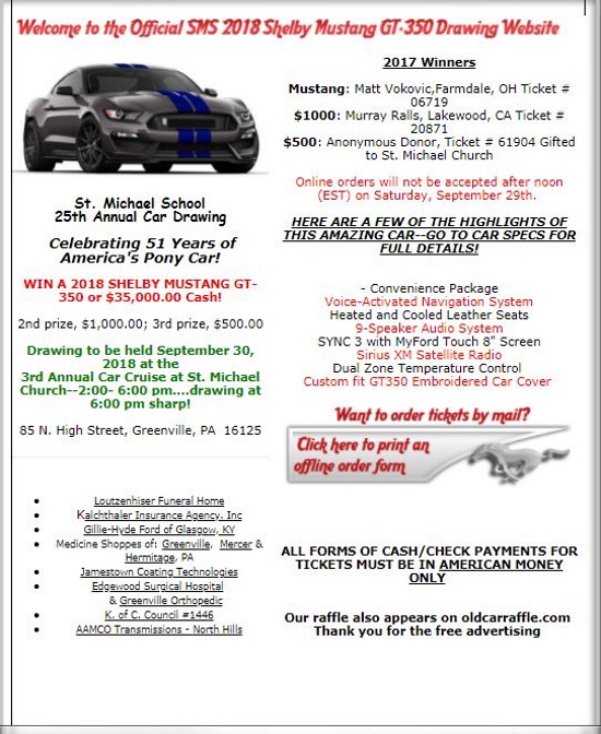 St. Michaels School 9-30-2018 raffle - 2018 Ford Mustang GT 350 or $35,000 Cash - Big Flyer 