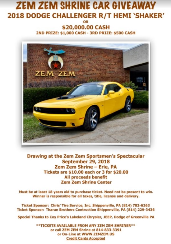 Zem Zem Shriners 9-29-2018 raffle - 2018 Dodge Challenger RT Hemi SHAKER or $20,000 - left front -.Flyer 