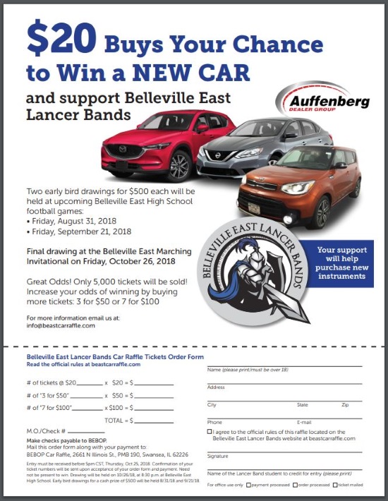 Belleville East Marching Lancers Band 10-26-2018 raffle - Choose one of the New Cars or $15,000 Cash - Flyer 