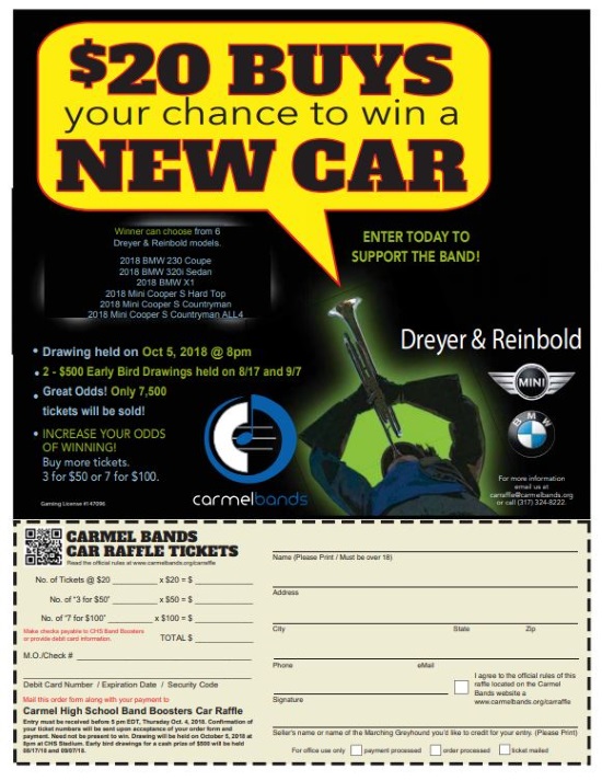 Carmel High School Band Boosters 10-05-2018 raffle - Choose a 2018 BMW or Mini Cooper or $25,000 Cash - Flyer 