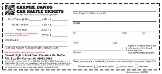 Carmel High School Band Boosters 10-05-2018 raffle - Choose a 2018 BMW or Mini Cooper or $25,000 Cash - Order form