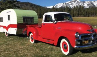 Good Sam Safe Ride 10 - 14-2018 raffle - 1954 Chevy Pickup and Vintage Camping Trailer - right front and trailer