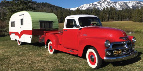 Good Sam Safe Ride 10 - 14-2018 raffle - 1954 Chevy Pickup and Vintage Camping Trailer - right front and trailer