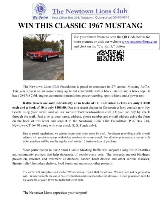 Lions ,Newtown Lions Club - 10-20-2018 raffle - 1967 Mustang GT Convertible - Flyer 