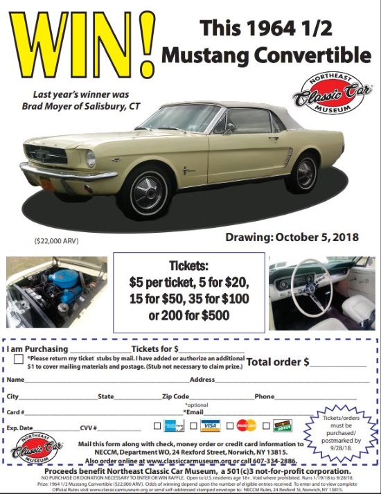 Northeast Classic Car Museum 10-05-2018 raffle - 1964 half Mustang Convertible - Flyer 