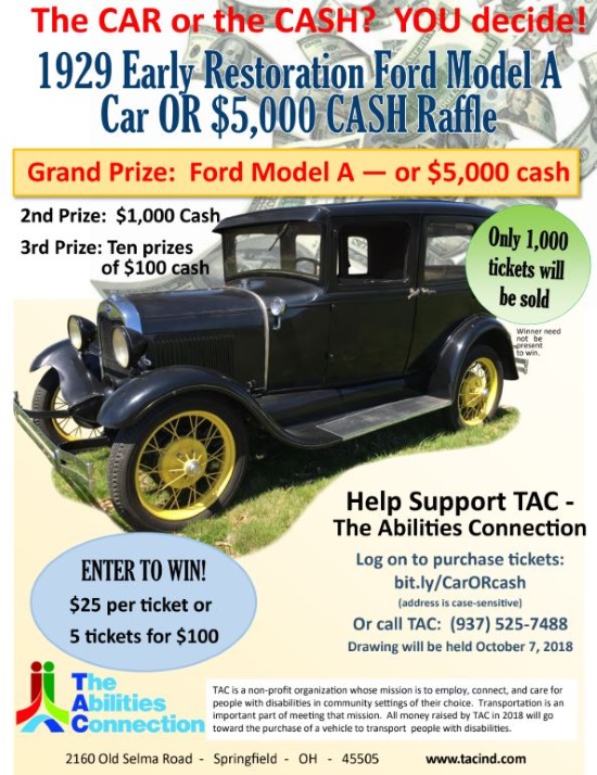 TAC Industries 10-07-2018 raffle - 1929 Model A Deluxe Fordor Town Sedan or $5,000 - Flyer.#2 