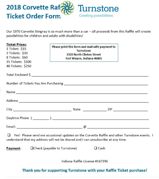 Turnstone 10-04-2018 raffle - 1970 Corvette Stingray Convertible - order form 