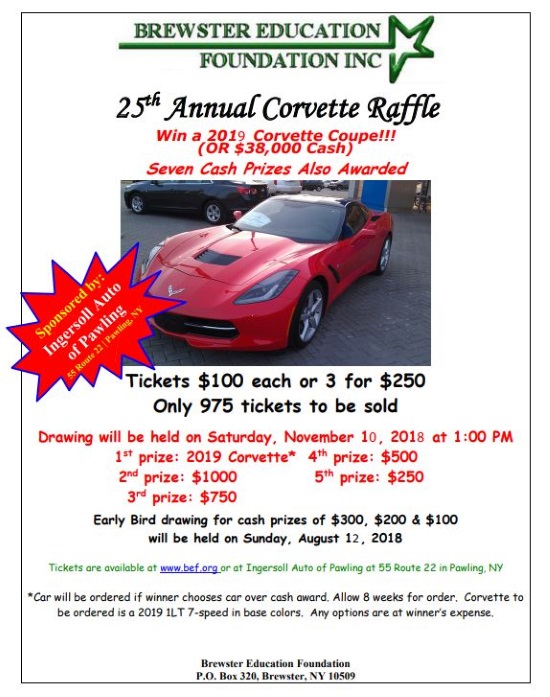 Brewster Education Foundation 11-10-2018 drawing - 2019 Corvette Coupe or $38,000 Cash - Flyer Poster