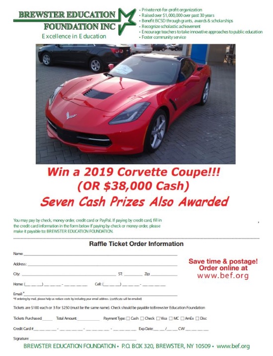 Brewster Education Foundation 11-10-2018 drawing - 2019 Corvette Coupe or $38,000 Cash - Order Form 