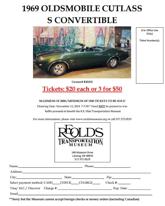 R.E. Olds Transportation Museum 11-12-2018 raffle - 1969 Oldsmobile Cutlass S Convertible - Flyer 