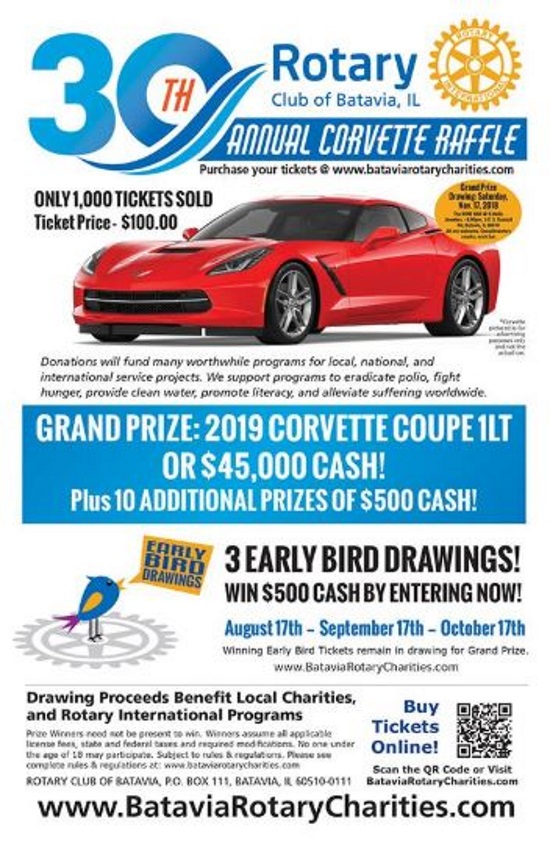 Rotary Club of Batavia, IL 11-17-2018 raffle - 2019 CORVETTE COUPE 1LT OR $45,000 Cash - Flyer 