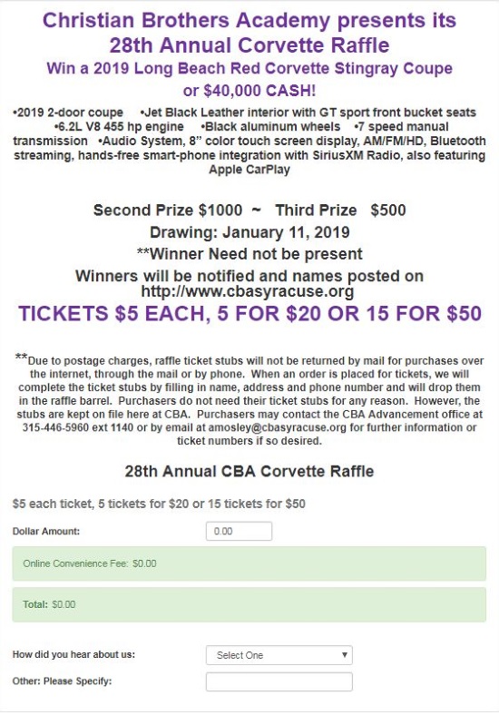 Christian Brothers Academy 1-11-2019 raffle - 2019 Long Beach Red Corvette Stingray Coupe or $40,000 Cash - car - flyer order form 