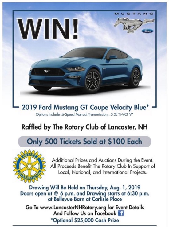 Rotary Club of Lancaster, NH - 8-01-2019 raffle - 2019 Ford Mustang GT Coupe Velocity Blue - Flyer 