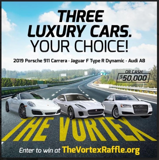 Chicago Chesed Fund 2019 raffle - 2019 Porsche 911 Carrera, Jaguar F Type R, Audi a8 or $50,000 Cash - Flyer 