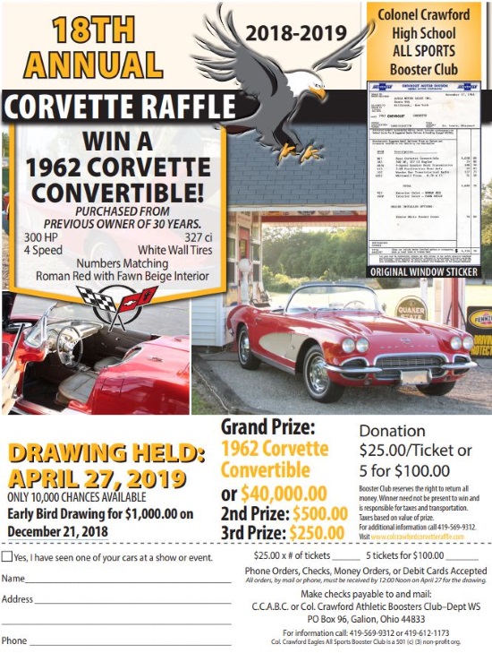 Col.Crawford Athletic Booster Club 4-27-2019 raffle - 1962 Corvette Convertible or $40,000.00 - Flyer 