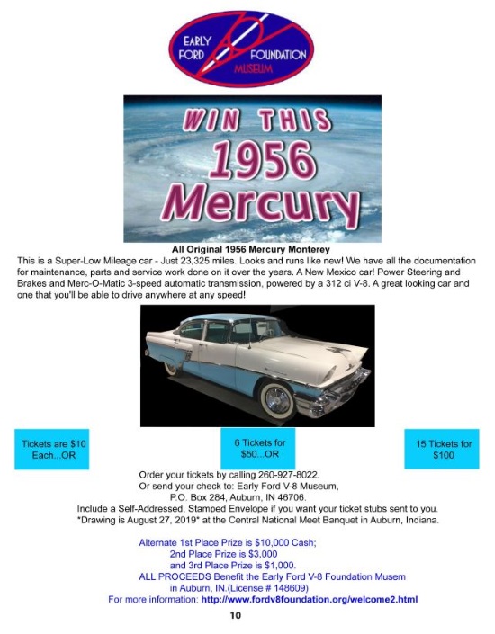 Early Ford V-8 Foundation Museum 8-27-2019 raffle - 1956 Mercury Monterey or $10,000 Cash - Flyer 