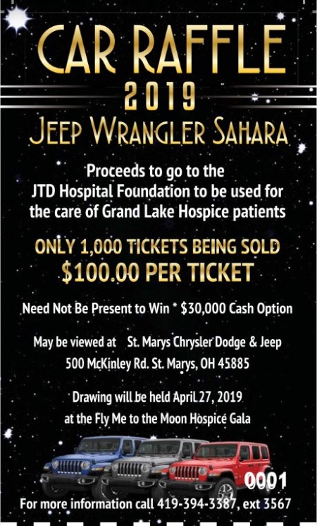 Grand Lakes Hospice 4-27-2019 raffle - 2019 Jeep Wrangler Sahara or $30K - half Flyer