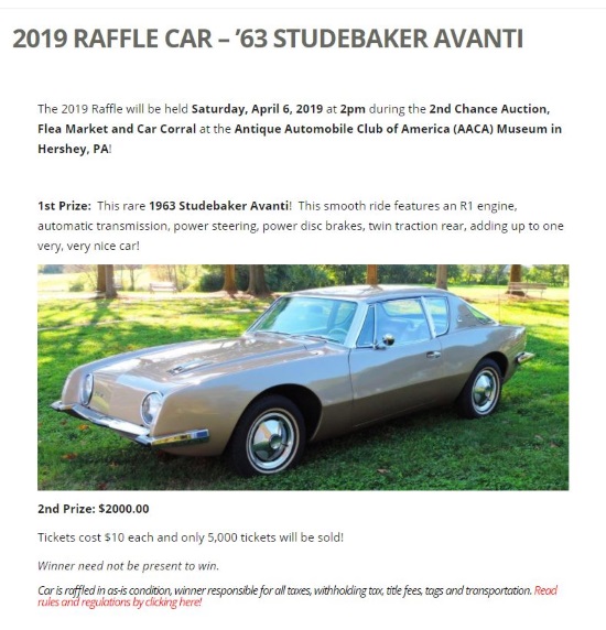 Studebaker Drivers Club 4-06-2019 raffle - 1963 Studebaker Avanti - Flyer 