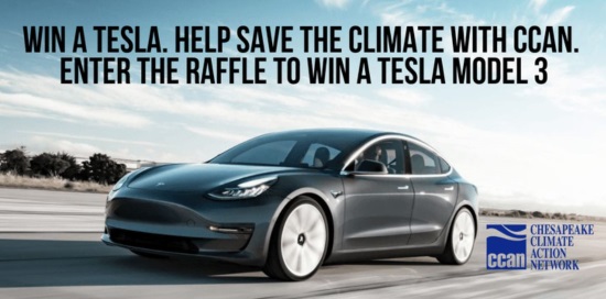 Chesapeake Climate Action Network 5-31-2019 drawing - 2019 Tesla Model 3 -green car words 