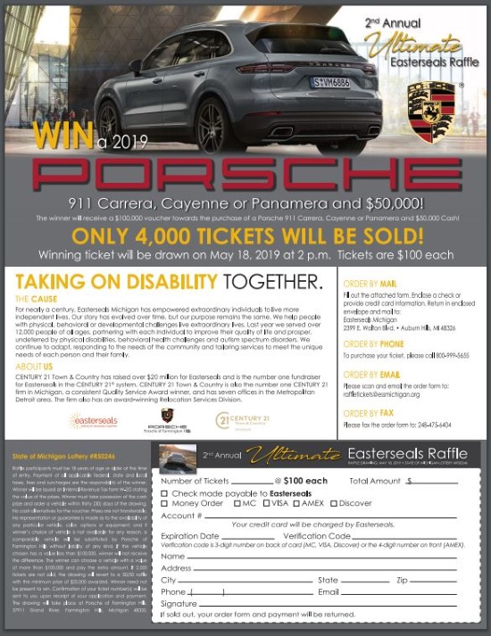 Easterseals 5-18-5019 raffle - Win $50,000 and a Porsche - Flyer 