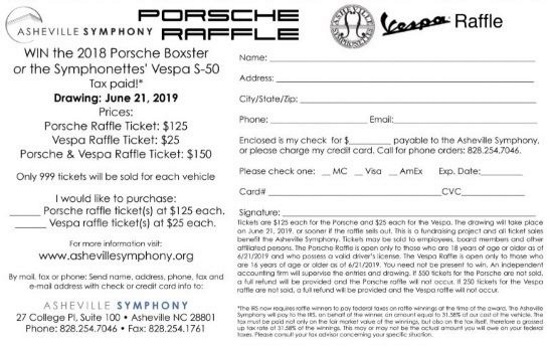 Asheville Symphony 6-21-2019 raffle - 2018 Porsche Boxster or Vespa S-50 plus Federal Taxes PAID - Flyer bottom half. cut.#3 