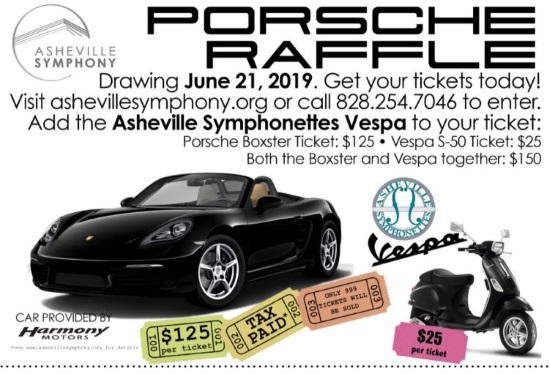 Asheville Symphony 6-21-2019 raffle - 2018 Porsche Boxster or Vespa S-50 plus Federal Taxes PAID - Flyer top half 