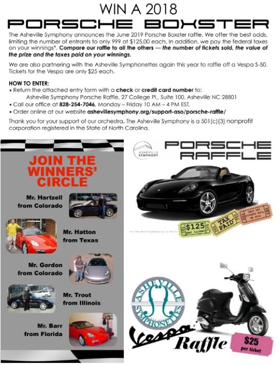 Asheville Symphony 6-21-2019 raffle - 2018 Porsche Boxster or Vespa S-50 plus Federal Taxes PAID - poster 