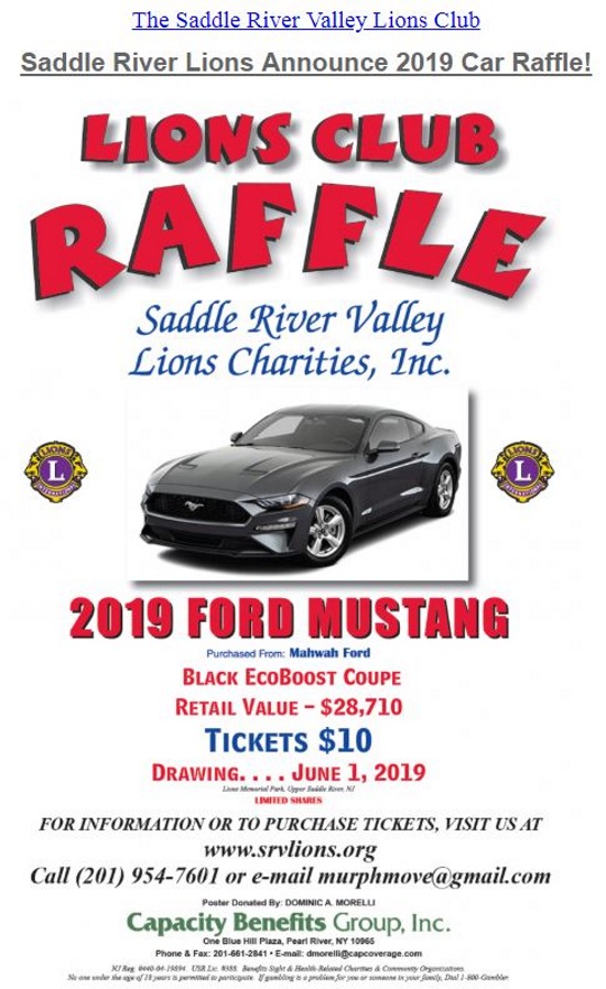 Saddle River Valley Lions Club 6-01-2019 raffle - 2019 Ford Mustang Coupe - Flyer