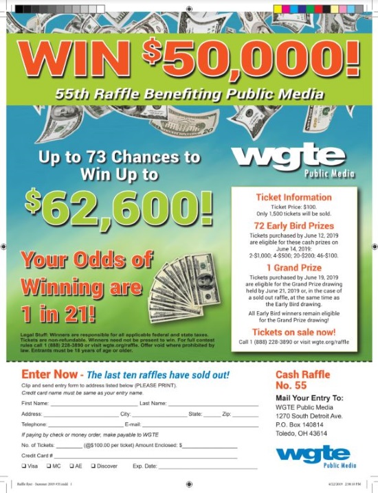 WGTE Public Media 6-21-2019 raffle - Choose a vehicle with $50,000 Cash - Flyer 