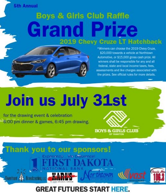 Boys & Girls Club of Yankton 7-31-2019 raffle - 2019 Chevy Cruze LT Hatchback or $15,000 Cash - Flyer.5th year 