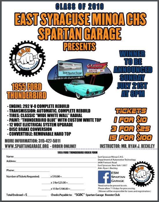 East Syracuse Minoa, Spartan Garage 7-21-2019 raffle - 1955 Ford Thunderbird - Flyer 